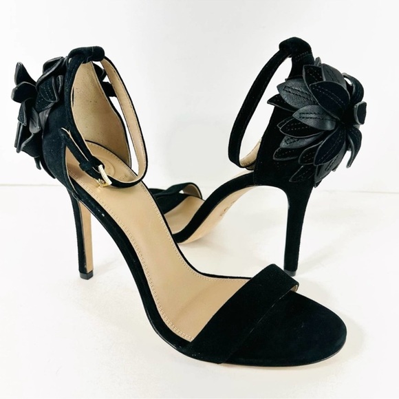 Tory Burch Black Suede Jules Floral Appliquè Ankle Strap Open Toe